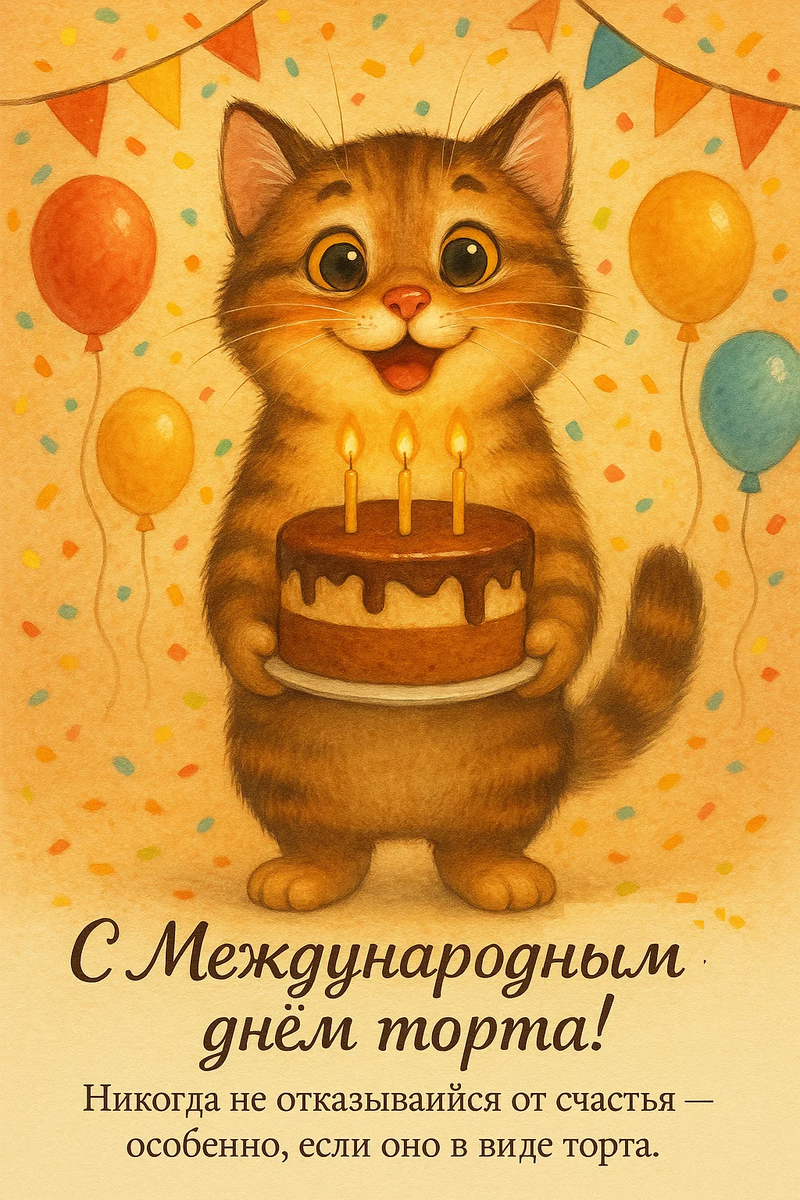 Открытка из серии «Международный день торта». Моя идея, исполненная с помощью нейросети.