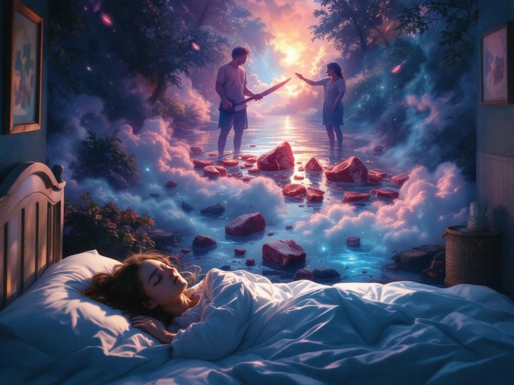    К чему такое снится: На картине изображен человек, стоящий на берегу мутных каналов, окруженный новыми знакомцами, которые поют песни. В руках у человека большой нож для мяса, который он