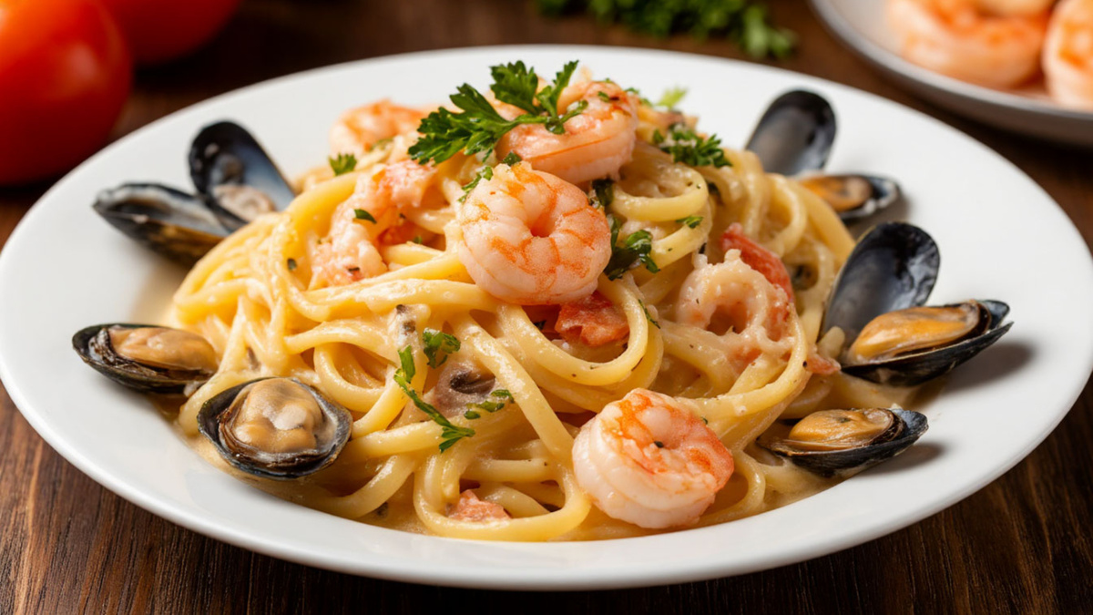 Паста с морепродуктами в сливочном соусе: итальянская магия за 20 минут! 🍝🦐