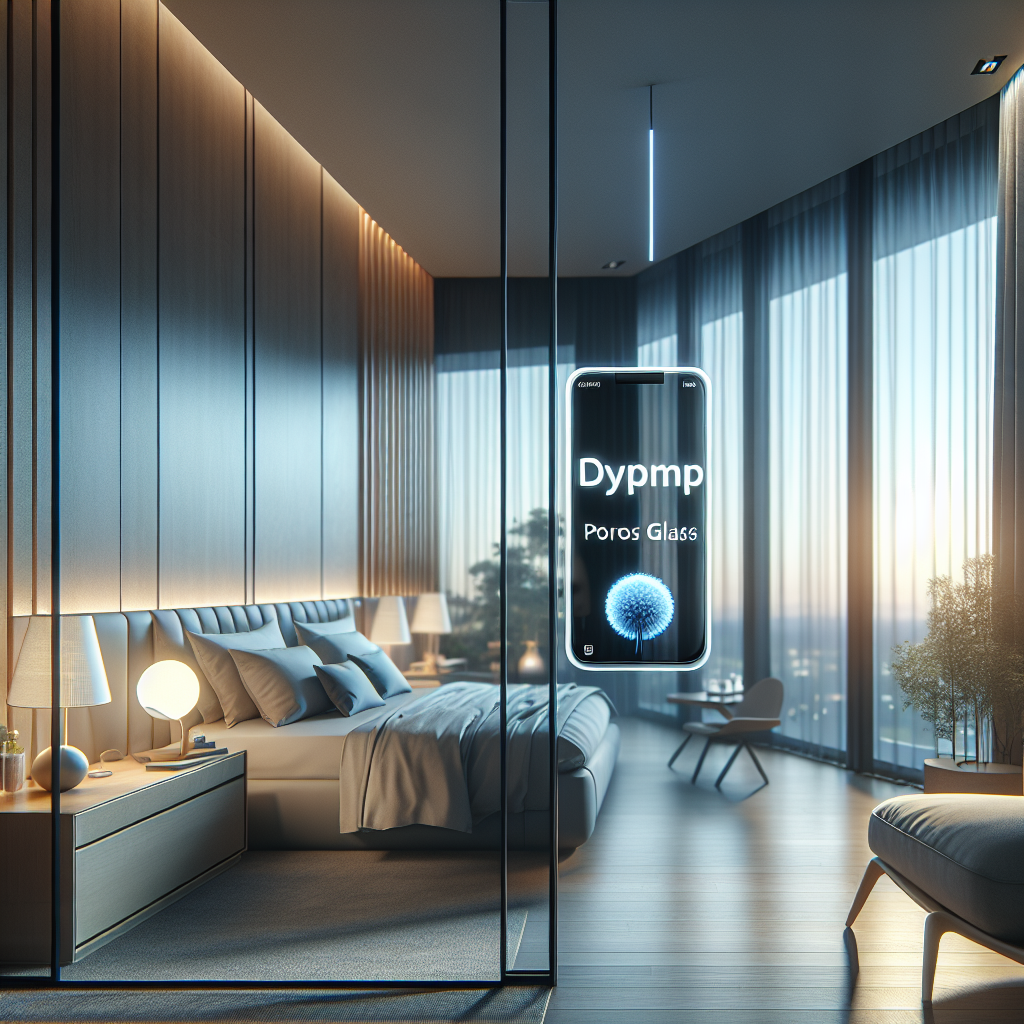 изображение современной спальни с большим окном, в которой работает устройство с технологией пористого стекла DYPEMOP, свет мягкий и теплый, атмосфера чистоты и уюта