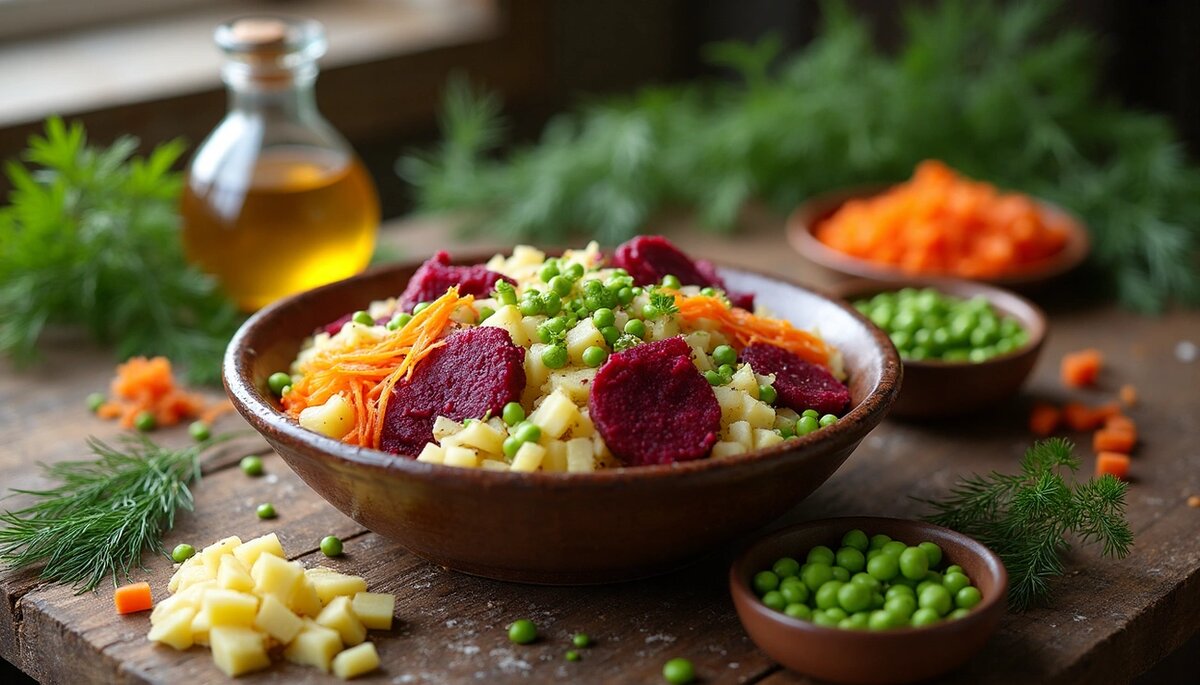 Винегрет с горошком – это один из самых доступных и бюджетных салатов, который мы можем приготовить в любое время года. С калорийностью всего 330 ккал на порцию, этот классический салат становится идеальным выбором для повседневного стола.