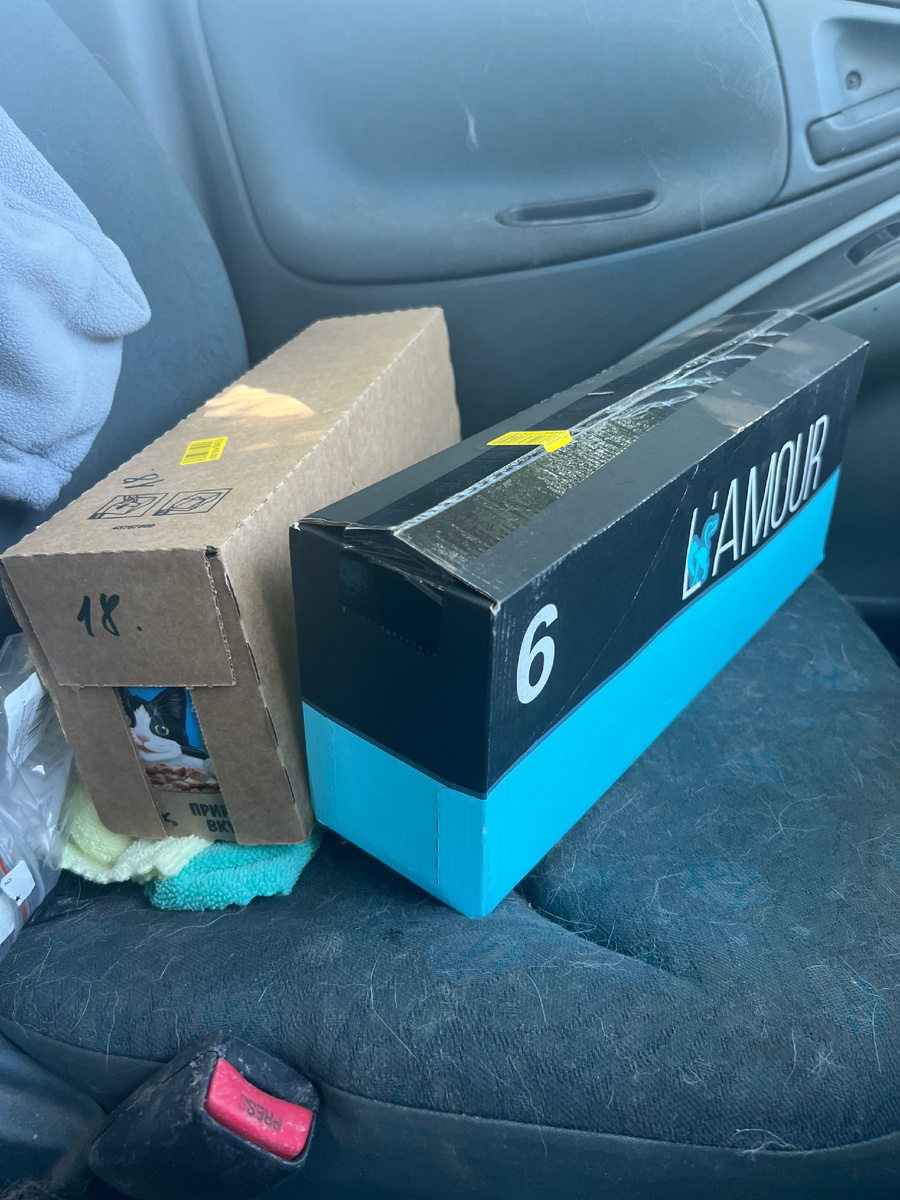 Две коробки паучей. До завтра останутся в моей машине, чтобы завтра уехать со мной на работу к котяткам 😊