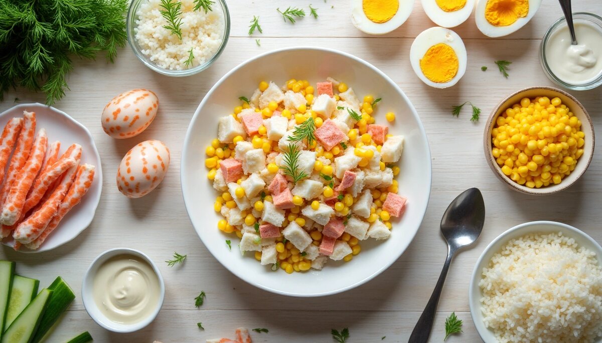 Знаете ли вы, что салат с крабовыми палочками и кукурузой и рисом может составить достойную конкуренцию даже знаменитому «Оливье»?