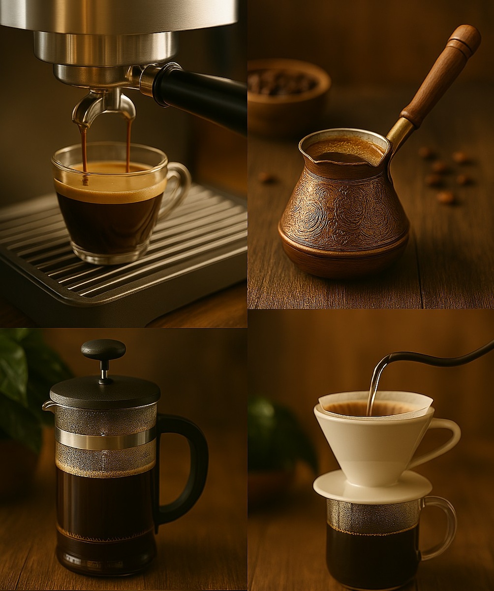 Разные способы приготовления кофе: эспрессо-машина, турка, френч-пресс, воронка
