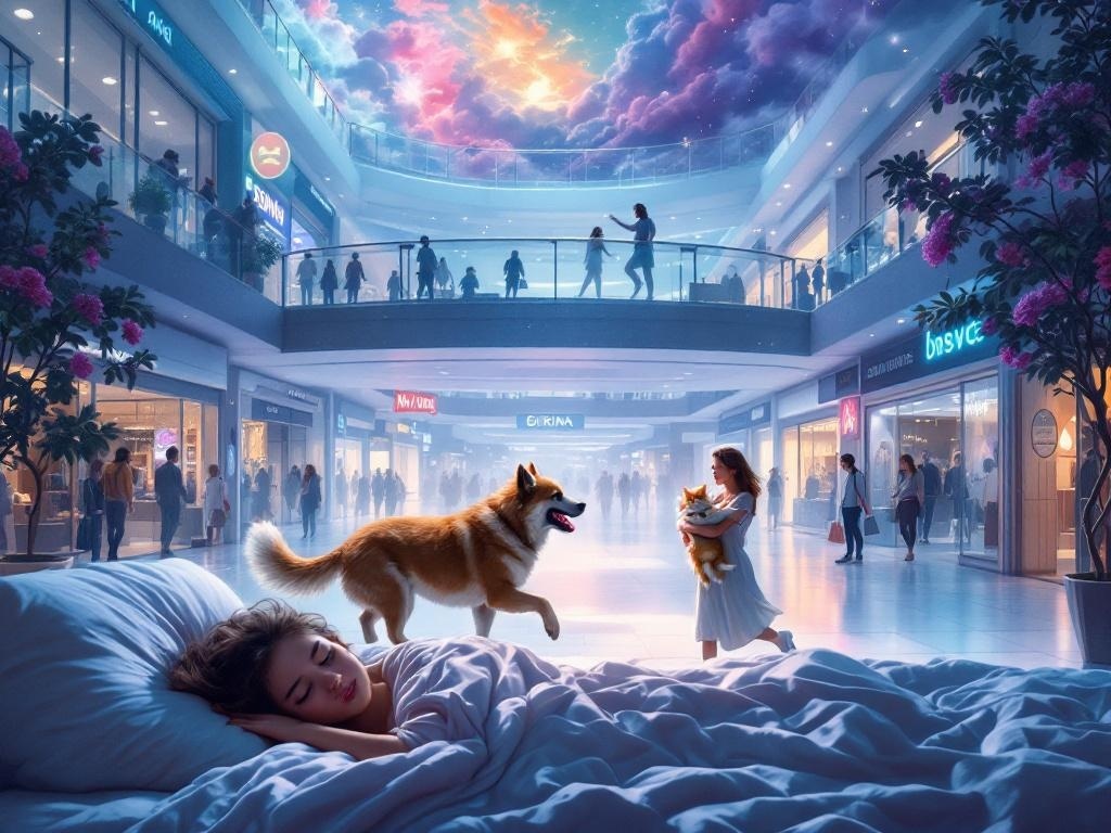    К чему такое снится: На картине изображён большой торговый центр. Основное действие происходит в центре зала первого этажа: женщина держит на руках кота, опустившись с верхнего этажа. Пе