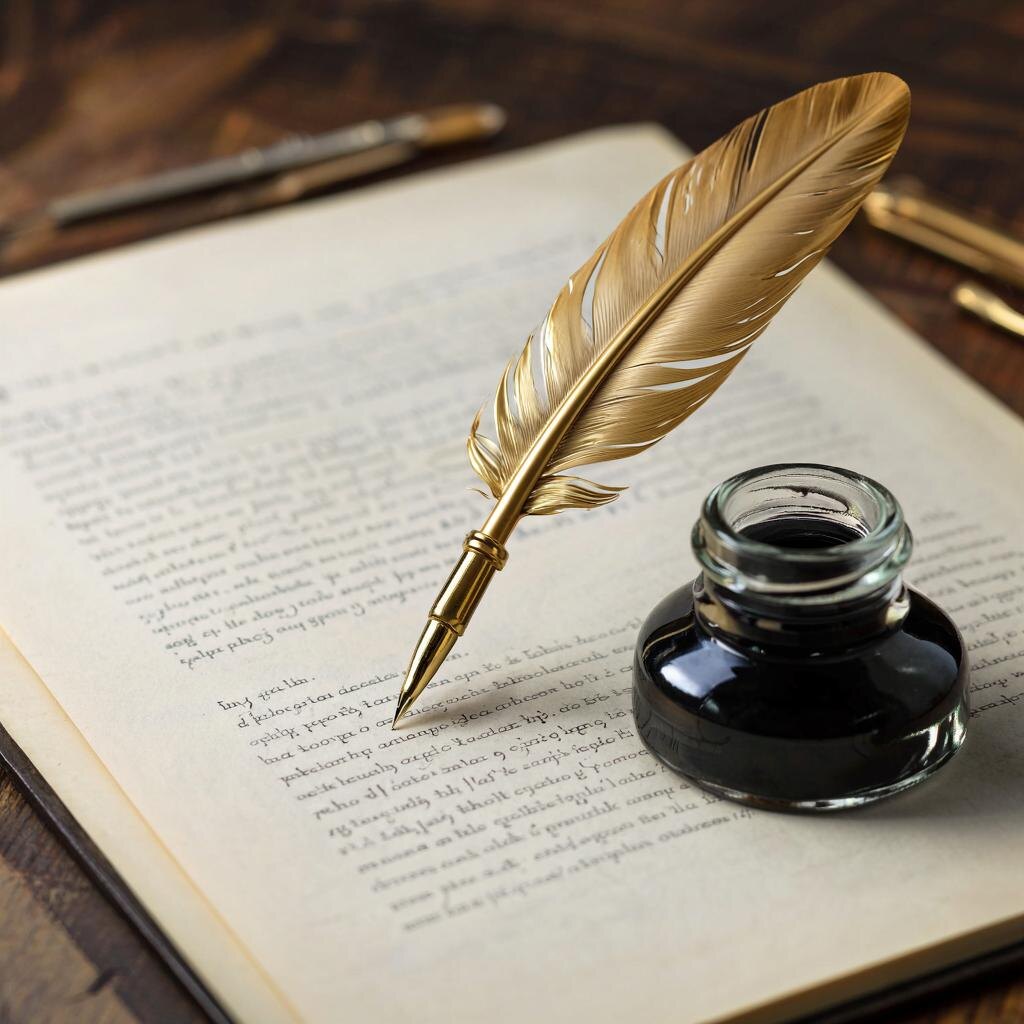 Золотое гусинное перо с чернилами на авторской статье