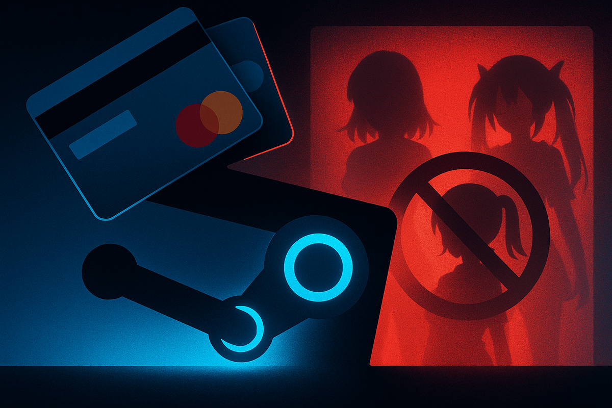 Абстрактное изображение показывает, как массивные кредитные карты «придавливают» ярко светящийся символ Steam, а на фоне ‑ красные силуэты аниме‑персонажей, перечёркнутые знакoм запрета. Иллюстрация напоминает о давлении платёжных систем на платформу и разработчиков контента для взрослых.