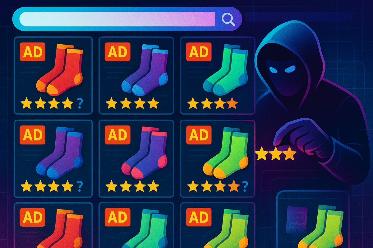 Тёмная фигура‐«грифер» манипулирует звёздными рейтингами в пёстрой сетке одинаковых рекламных карточек носков, передавая идею бесполезной рекламы и паззла с качеством товаров в онлайн‑маркетплейсах.