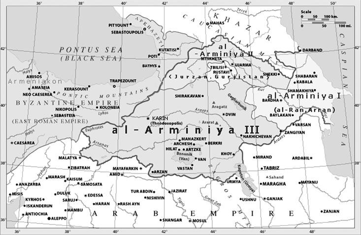 Армянский эмират Арабского халифата в 750–885 годах (аль-Арминия I – Кавказская Албания, аль-Арминия II – Грузия, аль-Арминия III – собственно Армения)