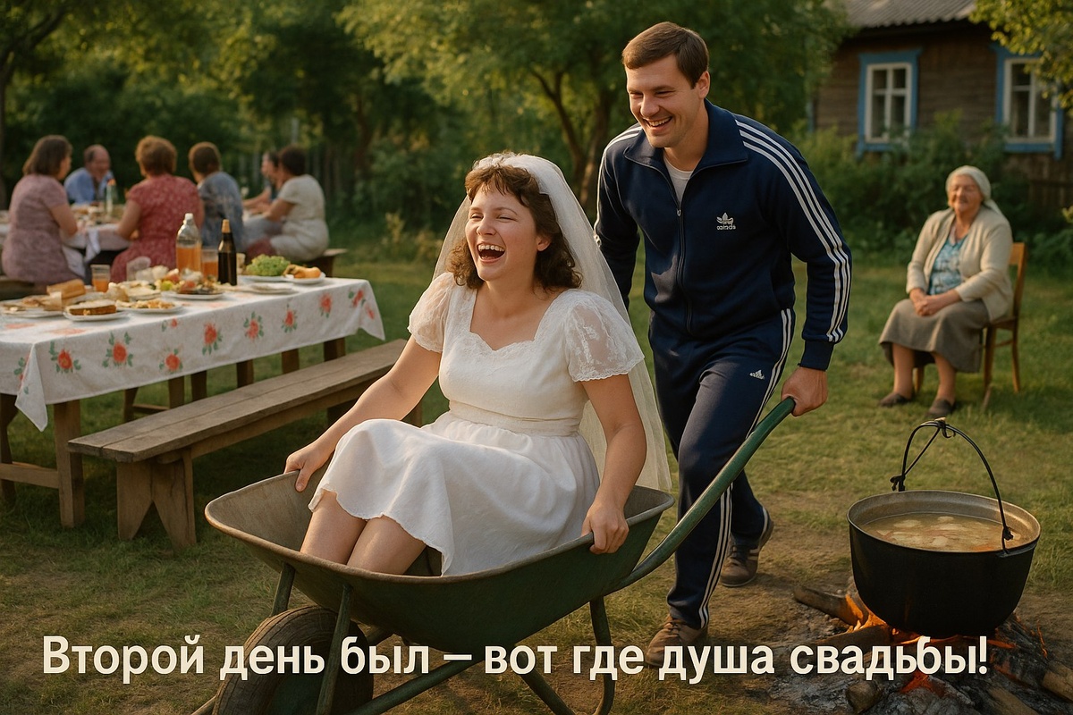 Весёлый момент с советской свадьбы: жених катит тёщу в тачке, во дворе шум, смех и запах ухи. Именно так праздновали — по-настоящему.

