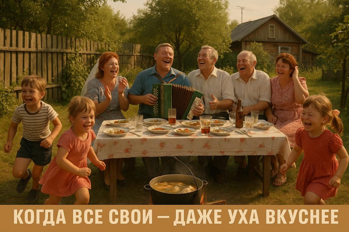 Второй день свадьбы в СССР: дружеское застолье, весёлые разговоры, песни и настоящий советский уют под открытым небом.