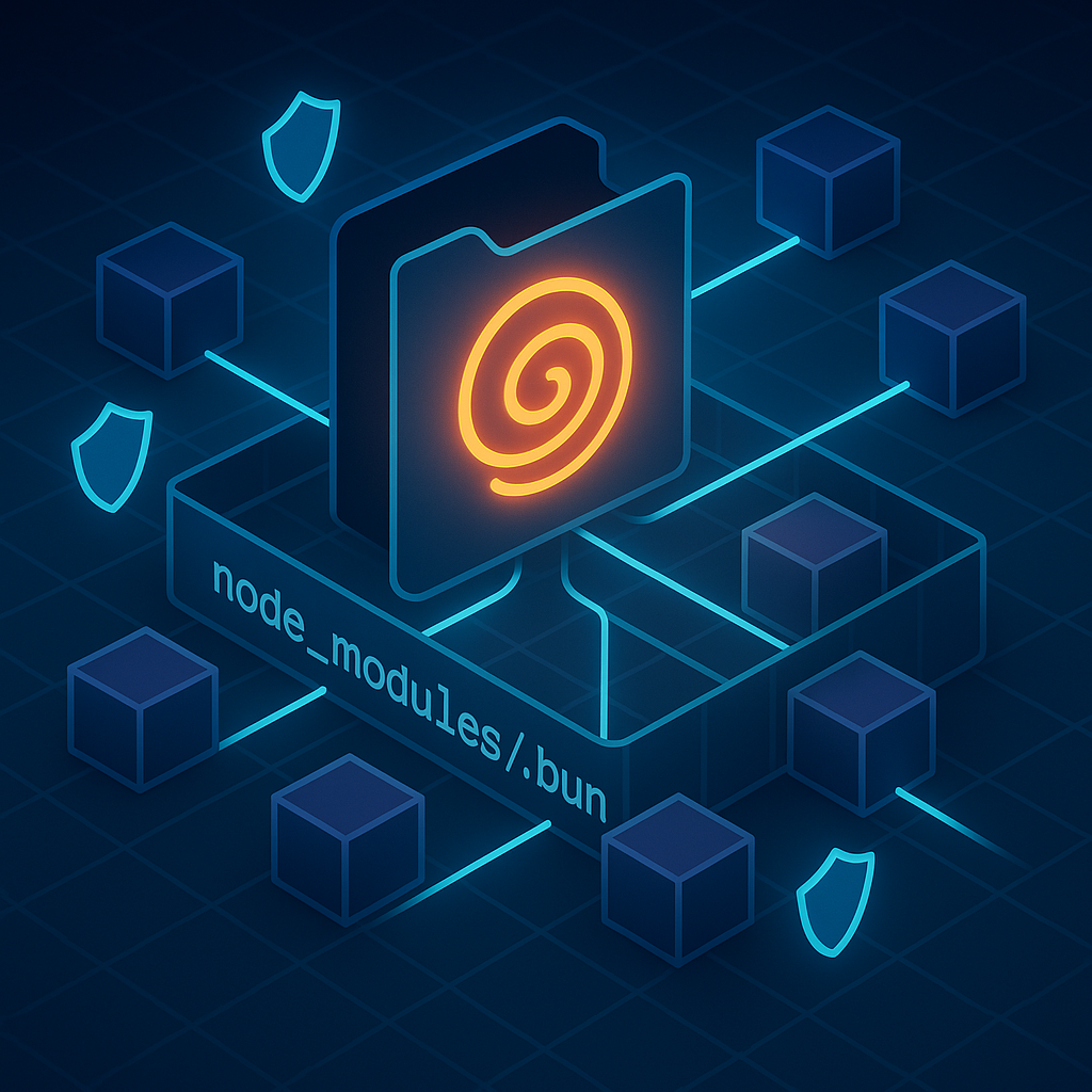 Светящийся «булочный» логотип Bun соединён сияющими линиями с кубиками‑пакетами внутри прозрачной папки node_modules/.bun, по периметру — иконки щитов. Изображение подчёркивает изолированную структуру, защиту от phantom‑зависимостей и быструю параллельную установку.