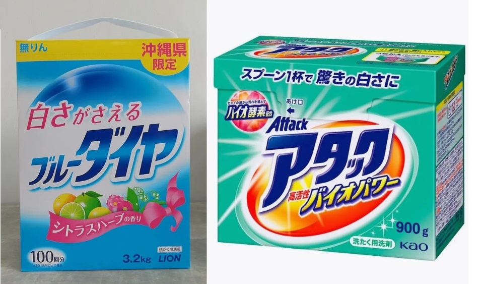 Стиральные порошки - LION «Голубой бриллиант» и KAO Biore Attack (можно купить на WB или Озоне)