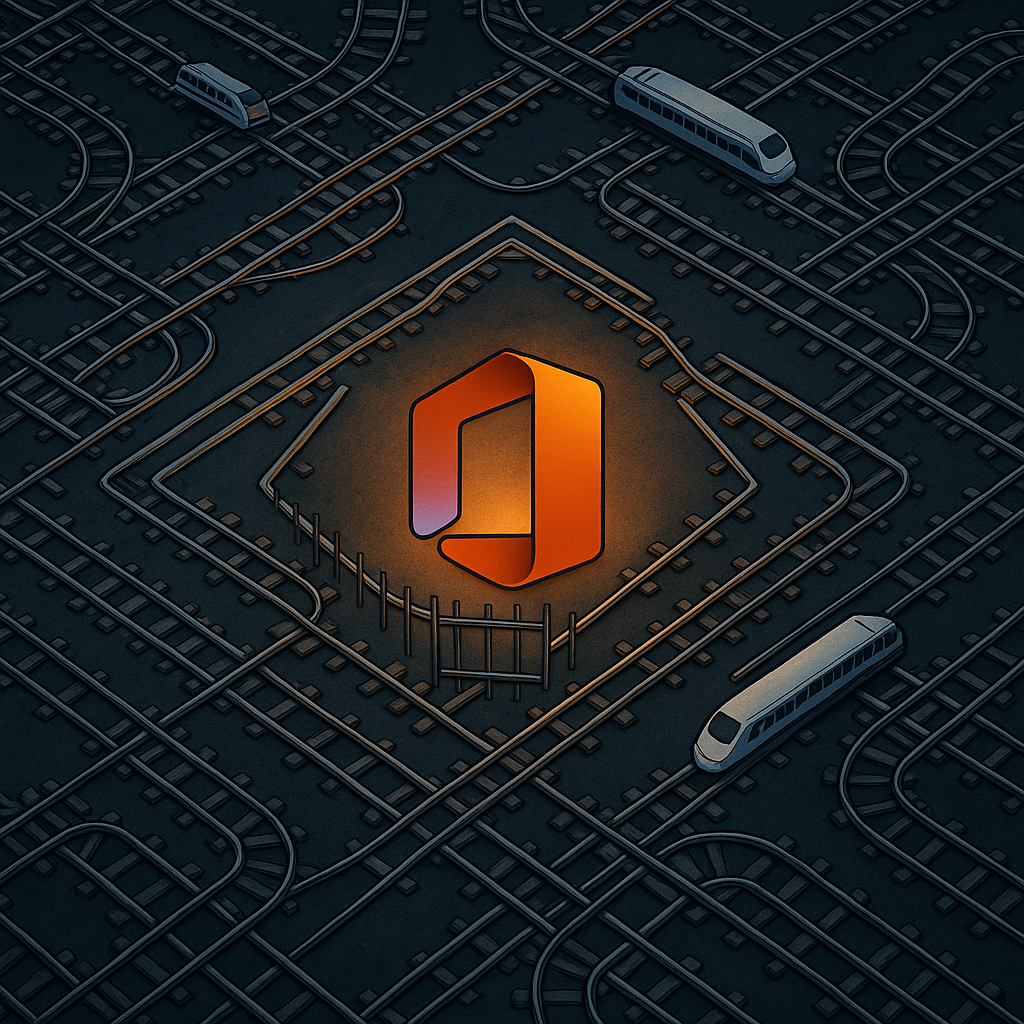 Лабиринт переплетающихся рельсов образует угловые скобки XML, внутри которых сияет логотип Microsoft Office, окружённый небольшим забором; по сложной сети путей движутся поезда, символизируя искусственно усложнённый формат, удерживающий пользователей «на своих рельсах».