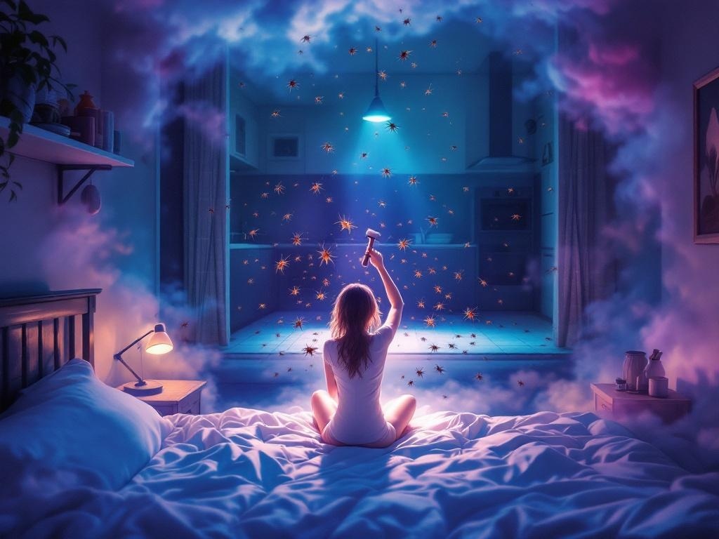    К чему такое снится: На картине изобразил кухню с персонажем в центре, сидящим на полу с молотком в руках. Вокруг него множество тараканов в движении, создающих впечатление их увеличиваю