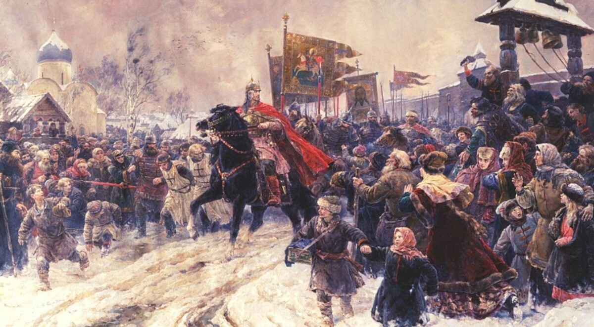 Владимир Александрович Серов "Въезд Александра Невского во Псков после Ледового побоища", 1945 г. Холст, мало, 288*492 см. Государственный Русский Музей, Санкт-Петербург.