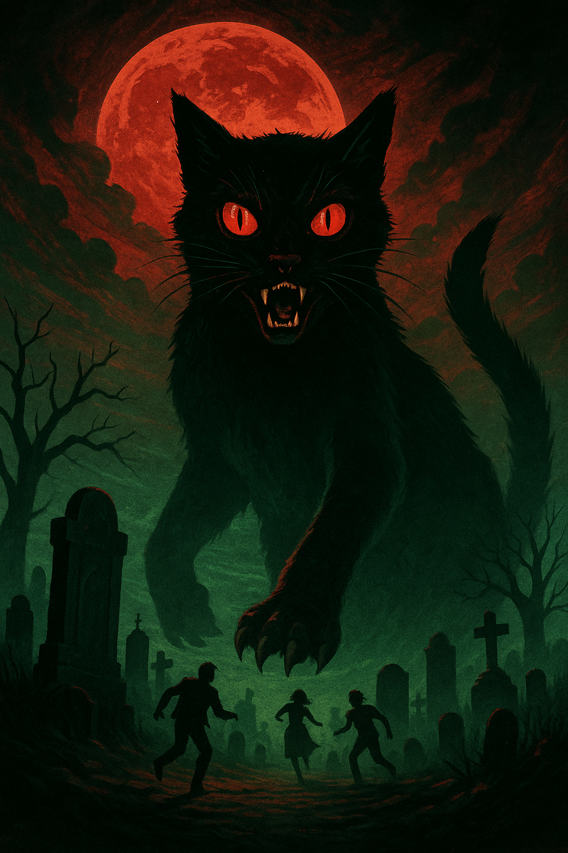 Огромный чёрный кот с пылающими глазами и оскалом возвышается над туманным кладбищем под кровавой луной, а внизу люди в панике бегут среди надгробий — ретро‑плакат, превращающий кота в классического хоррор‑антагониста.