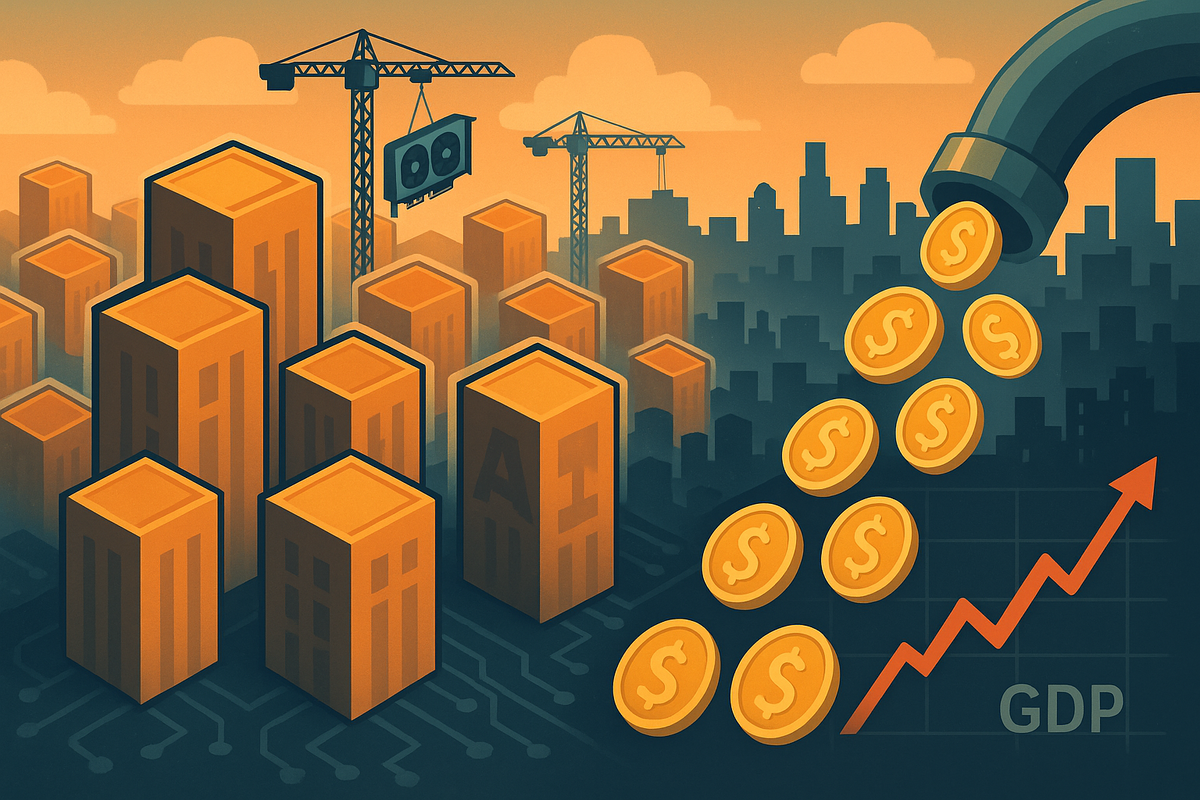 Монументальные «небоскрёбы‑чипы» строятся кранами с гигантскими GPU, а из трубы рекой льются золотые монеты; рядом график ВВП взмывает вверх — образ огромных инвестиций в ИИ‑центры, которые уже заметно двигают экономику.
