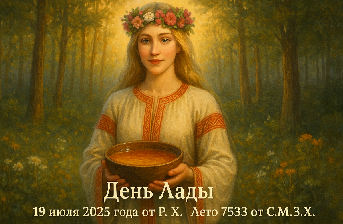 Лада идёт по тихой роще. В её руках – чаша, наполненная золотым медом. Она протягивает её тебе и говорит: «Глоток мира сильнее десятка ссор. Пей – и неси лад в дом.» И воздух становится мягче, и глаза теплее, и сердце – спокойнее.