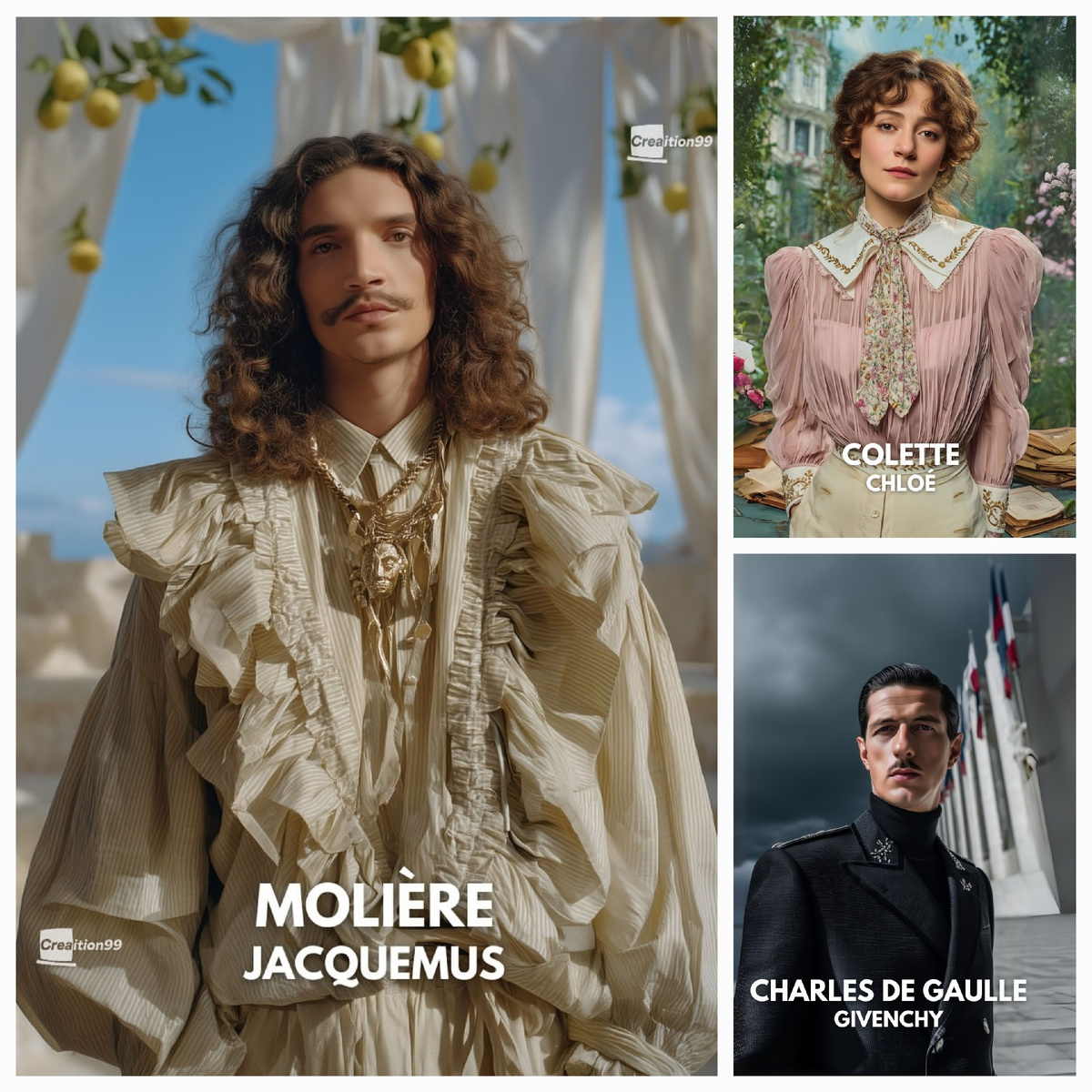 Великие люди Франции и мировые бренды. Коллаж из иллюстраций @creaition99. Иллюстрации созданы с использованием ИИ.