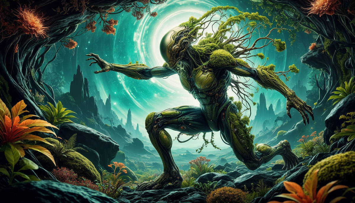 «Фантастическое существо, сочетающее элементы природы и технологий, в стиле AI-арта с высоким уровнем детализации»