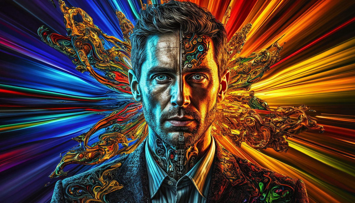 Портрет человека, наполовину созданный машиной, наполовину нарисованный вручную, в стиле цифрового сюрреализма