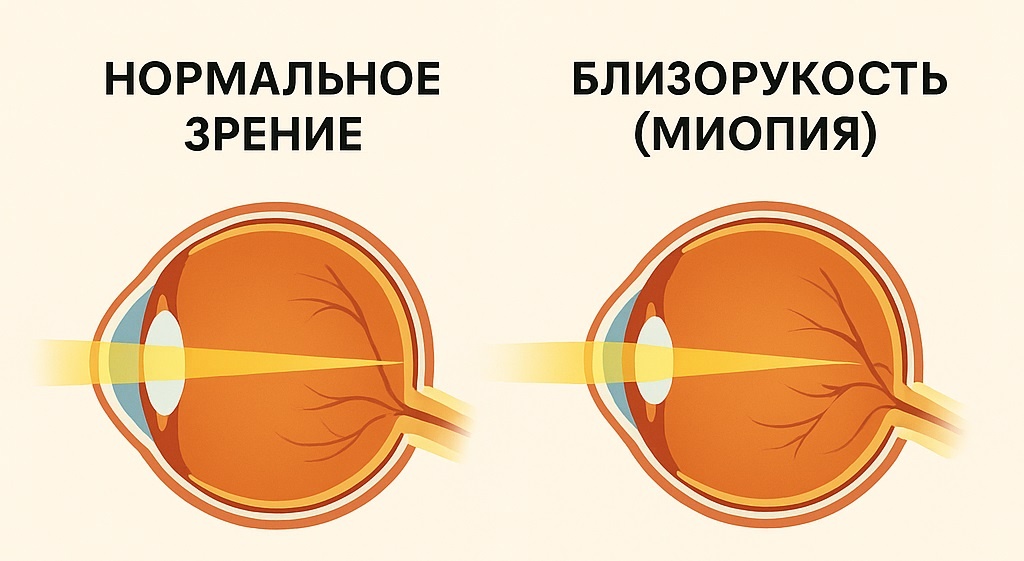 В норме лучи света, которые попадают в глаз должны сходиться в одной точке,на сетчатке (фокус на сетчатке). При миопии лучи сходятся перед сетчаткой.