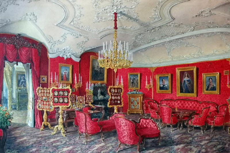 Э. Гау. Большой кабинет Александры Фёдоровны в Гатчине. 1877 год. Бумага, акварель. В собрании Гатчинского дворца.