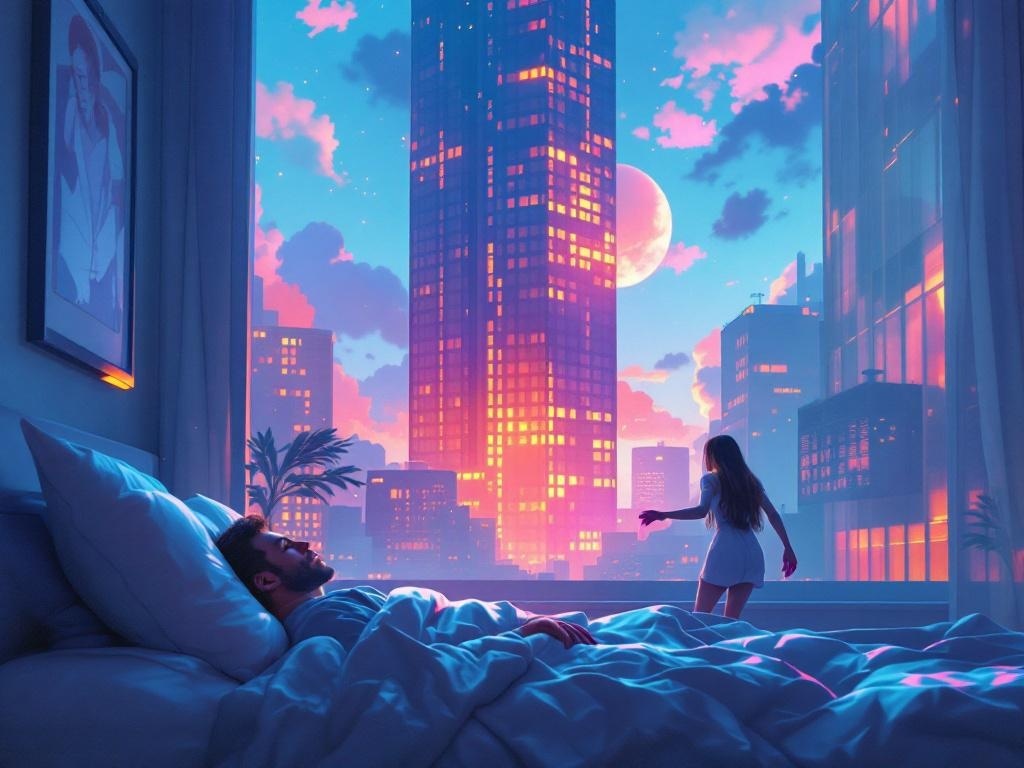    К чему такое снится: На картине изображён многоэтажный дом и мужчина в машине с розовой тряпкой в руках, выходящий из авто и следующий за женщиной, которая спешит к подъезду дома.