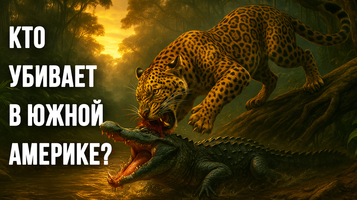 Леопард охотится на каймана