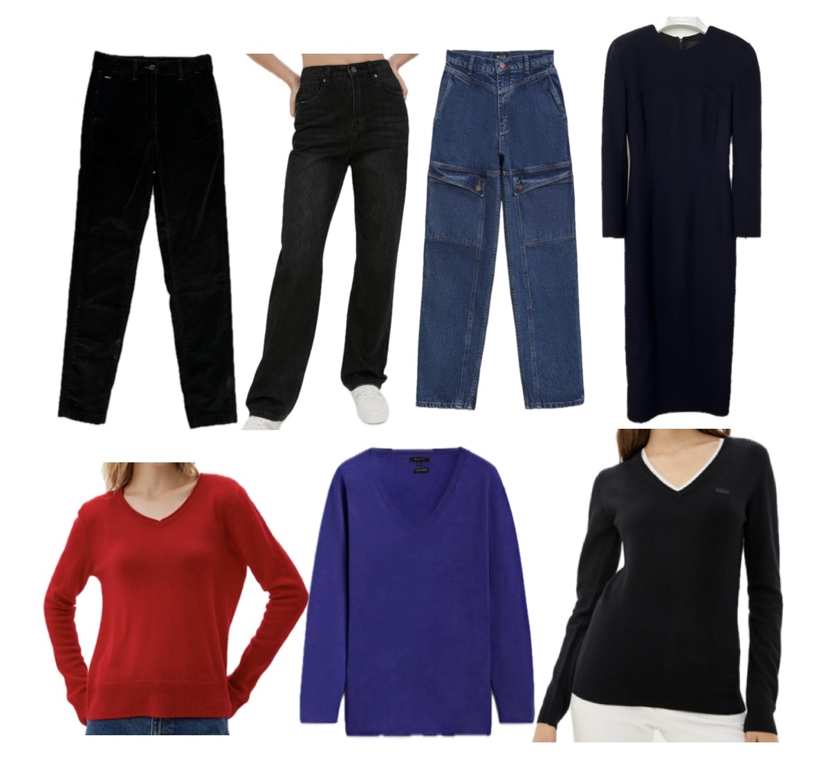 Вельветовые брюки, джинсы черные, джинсы синие, 3 кашемировых джемпера и плотное шерстяное платье (которое при +15 можно носить без верхней одежды).