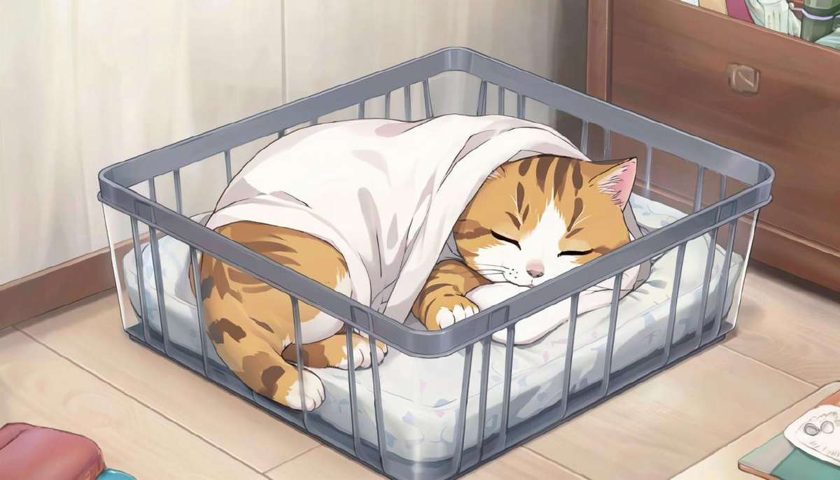 Мы попросили модель Kandinsky нарисовать нам мирно спящего в лотке котика. Получилось довольно похоже на наших подопечных / Котики МЭЛЗ