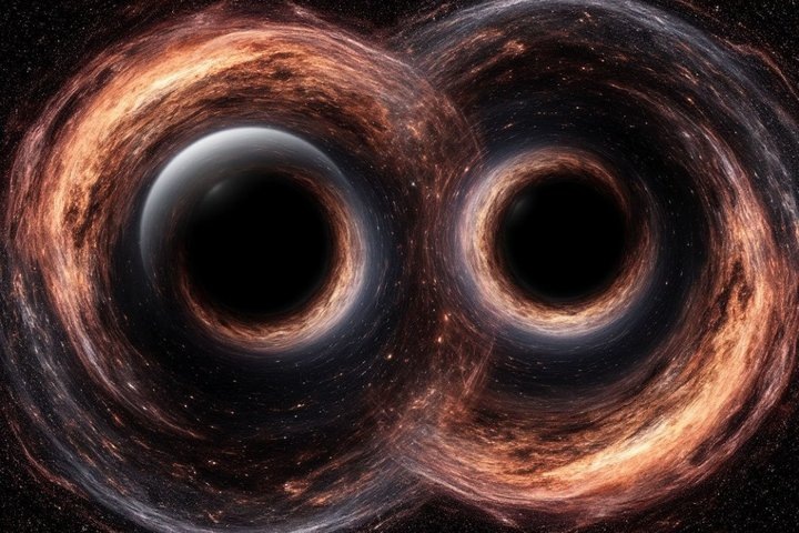    Две массивные черные дыры врезались друг в друга далеко за пределами нашей галактики. Людмила Губаева/сгенерировано при помощи нейросети «Шедеврум»