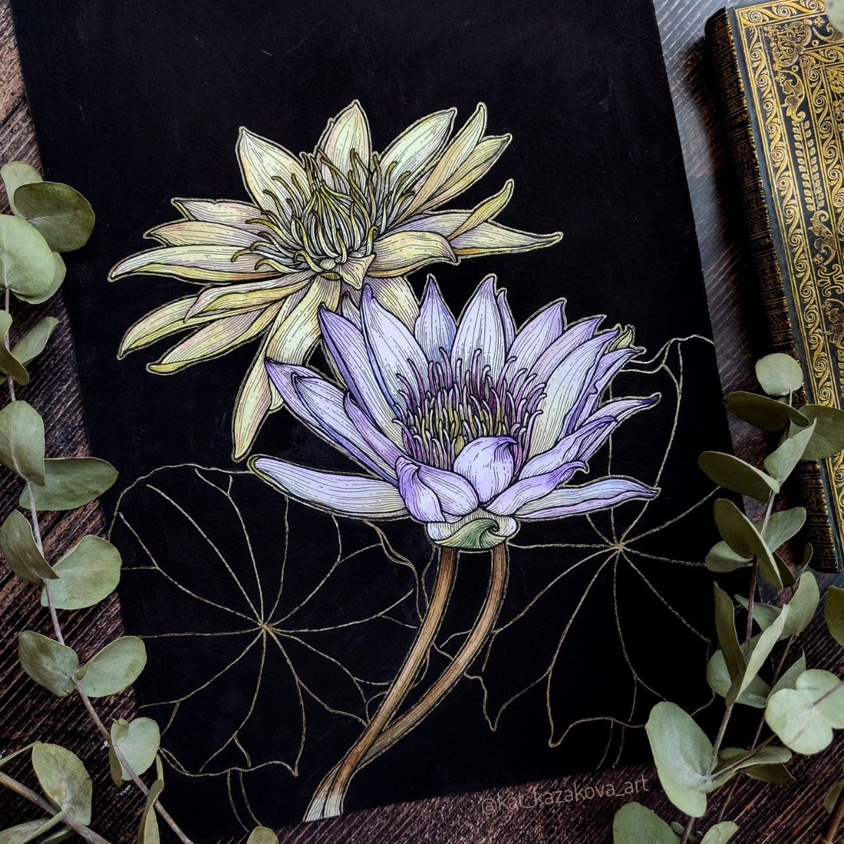 Кувшинки. Рисунок акварелью и линерами.