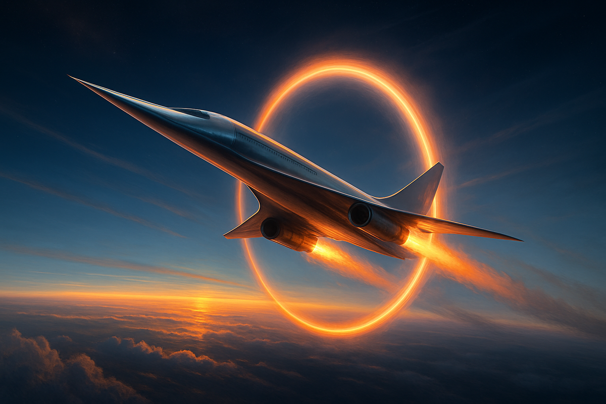 Футуристический сверхзвуковой лайнер с острым «игольчатым» носом прорывается сквозь стратосферу — за ним огненные струи двигателей и сияющее кольцо ударной волны, а внизу, у изогнутого горизонта Земли, тёплый рассвет золотит облака.