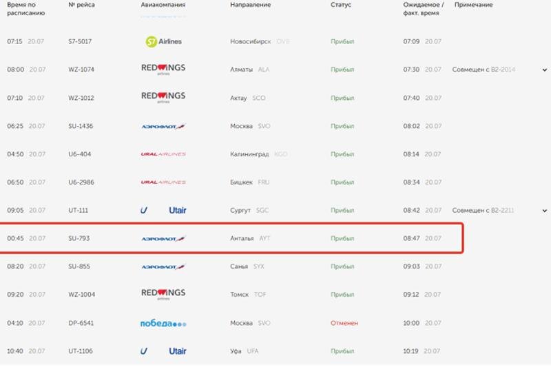    Скриншот онлайн-табло Кольцово