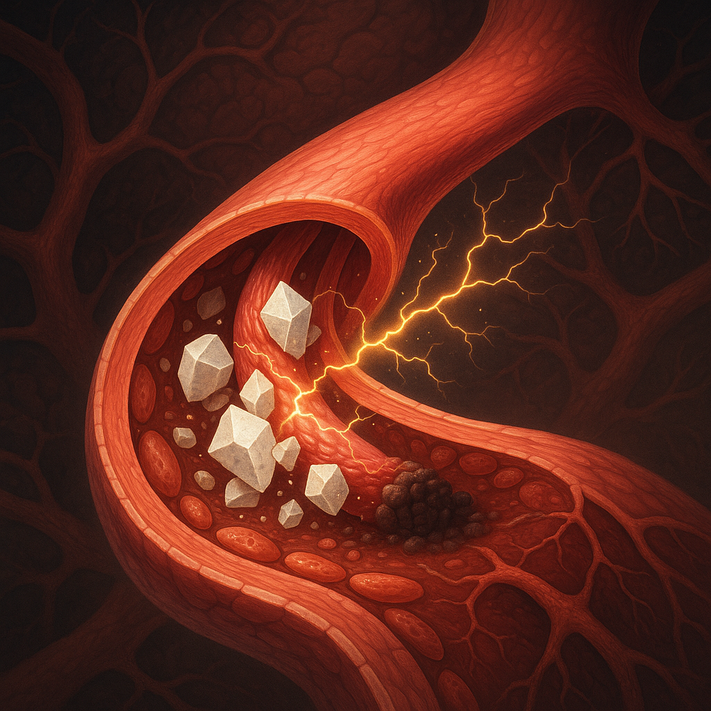Крупный разрез мозгового сосуда: белые кристаллы эритритола врезаются в стенки артерии, рядом угрожающе свернулся тёмно‑красный тромб, а вспышки жёлто‑оранжевых «молний» символизируют воспаление и стресс. На тёмном фоне видны ветви нейрососудистой сети, подчёркивая риск инсульта.