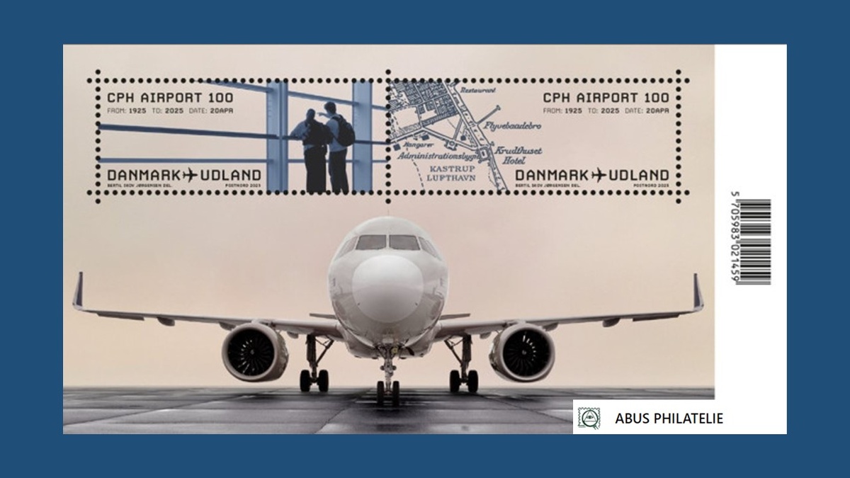 малый лист с почтовыми марками Дании из серии "Аэропорту Копенгагена «Каструп» 100 лет"