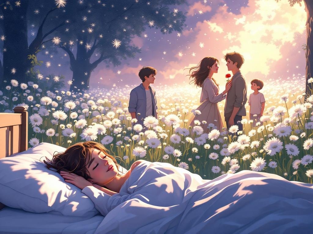    К чему такое снится: На картине изображена поляна с белыми одуванчиками. Главная героиня обнимает одного из кумиров, отдающая ему красный цветок, а рядом стоят другие слегка размытые фиг