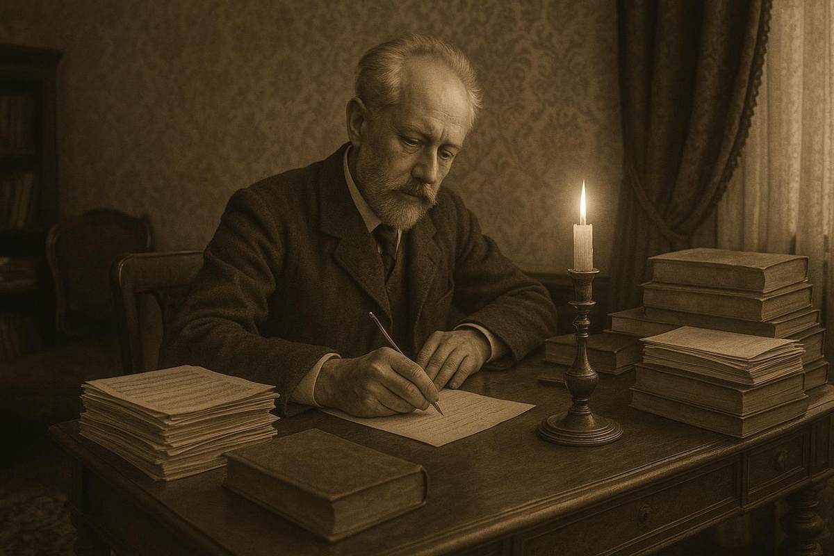 В иллюстративных целях. П.И. Чайковский за рабочим столом. Нарисовано нейросетью