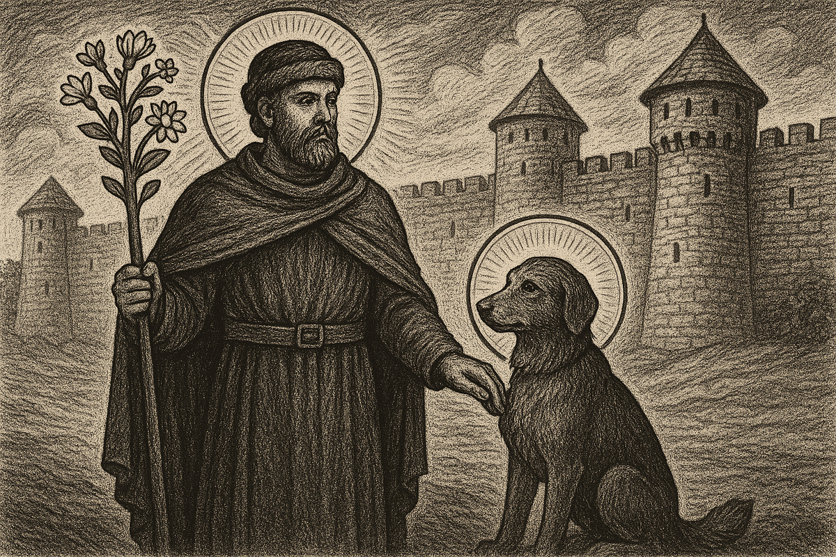 Тайный смысл: метла — как посох Христофора, пёс — как знак святости.