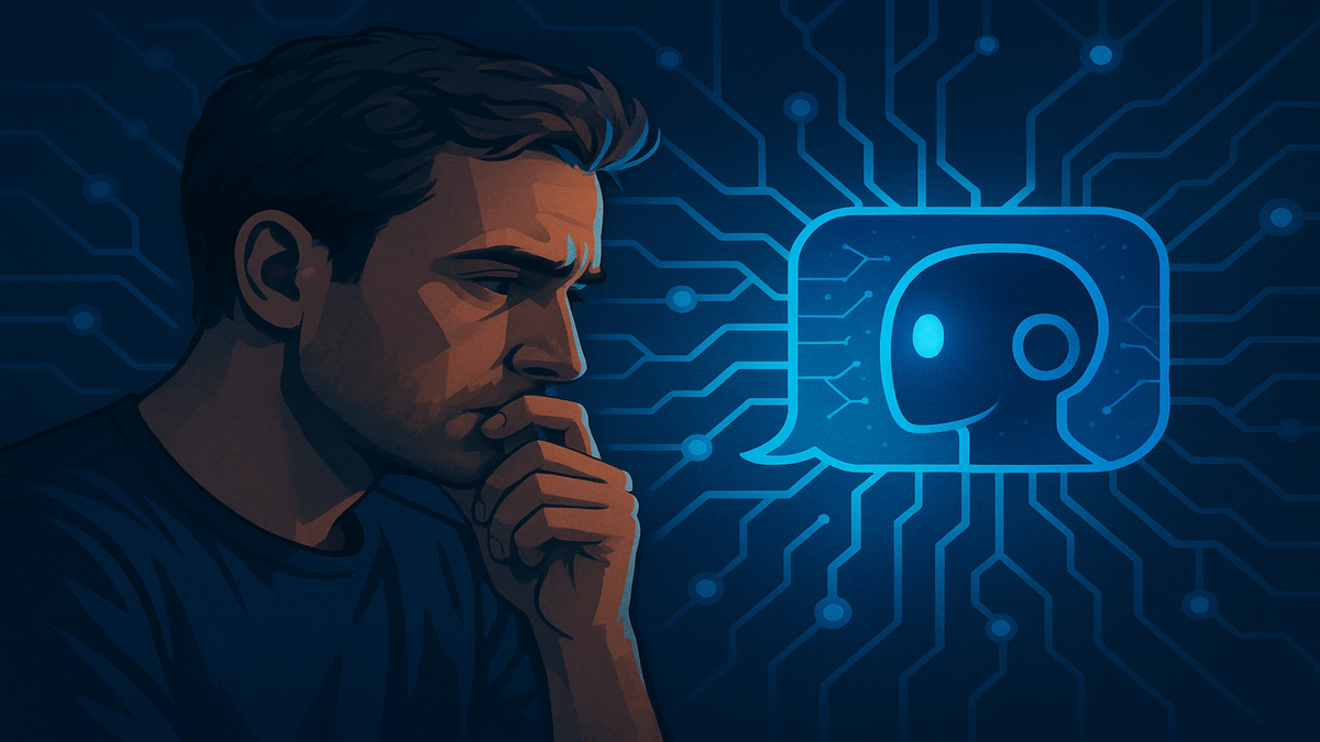 Человек в раздумьях смотрит на цифровой образ ИИ — кто формирует мнение на самом деле?