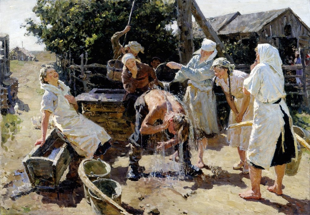  Алексей и Сергей Ткачёвы. "У колодца". Холст, масло. 1954 год