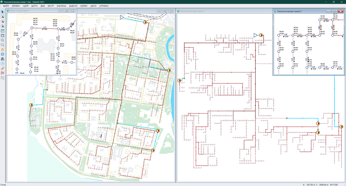 Технологическая схема системы водоотведения отображается без привязки к местности (справа), но сохраняет топологию сети для решения расчётных и аналитических задач.