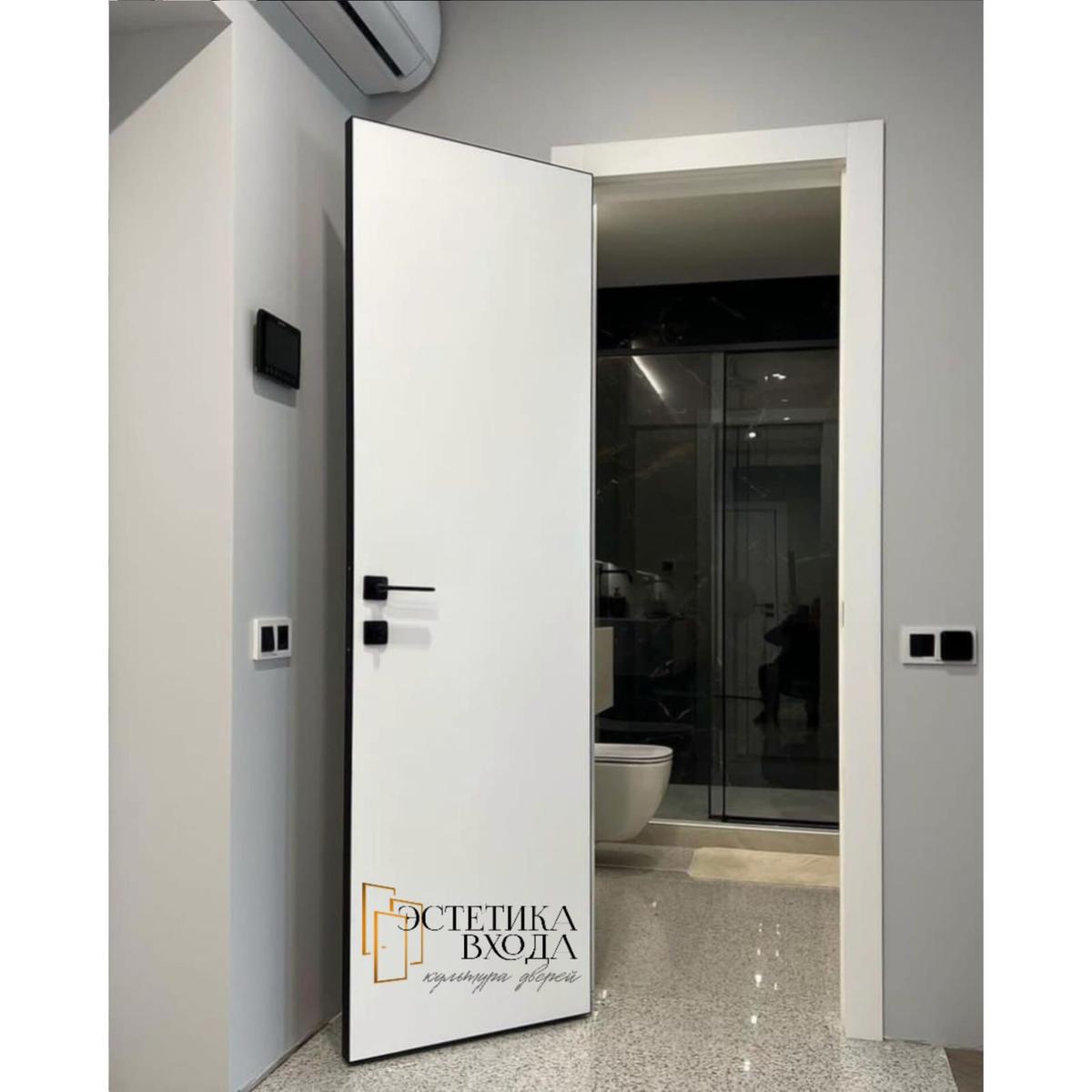 Дверь в алюминиевой кромке черного цвета.