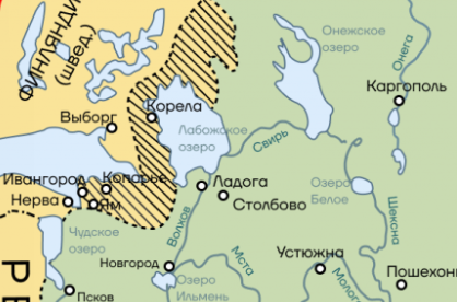 Штрихом показаны территории, отошедшие Швеции по Столбовскому договору