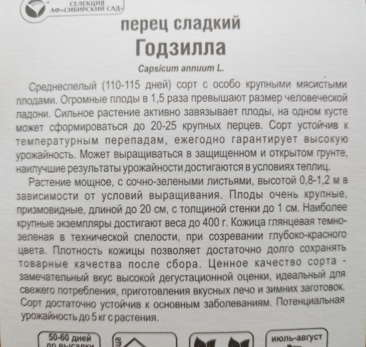 Фото автора, пакет семян сладкого перца сорта Годзилла от агрофирмы Сибирский сад, июль 2025 года