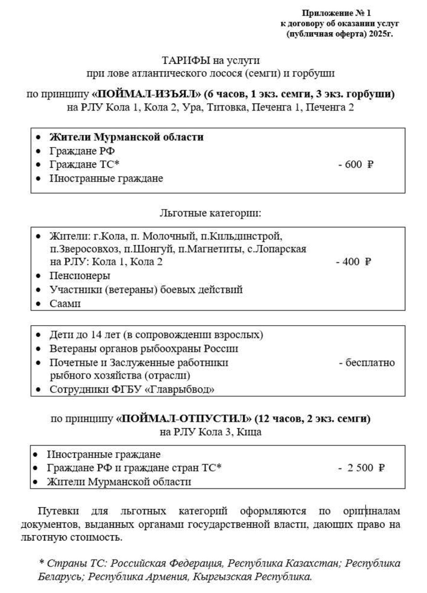 Тарифы и стоимость лицензии при ловле сёмги  горбуши 2025