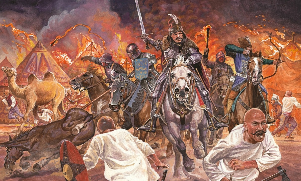 1462 год, Влад III Дракула и его люди совершают внезапную ночную атаку на османский лагерь близ Тырговиште. Художник: Marek Szyszko