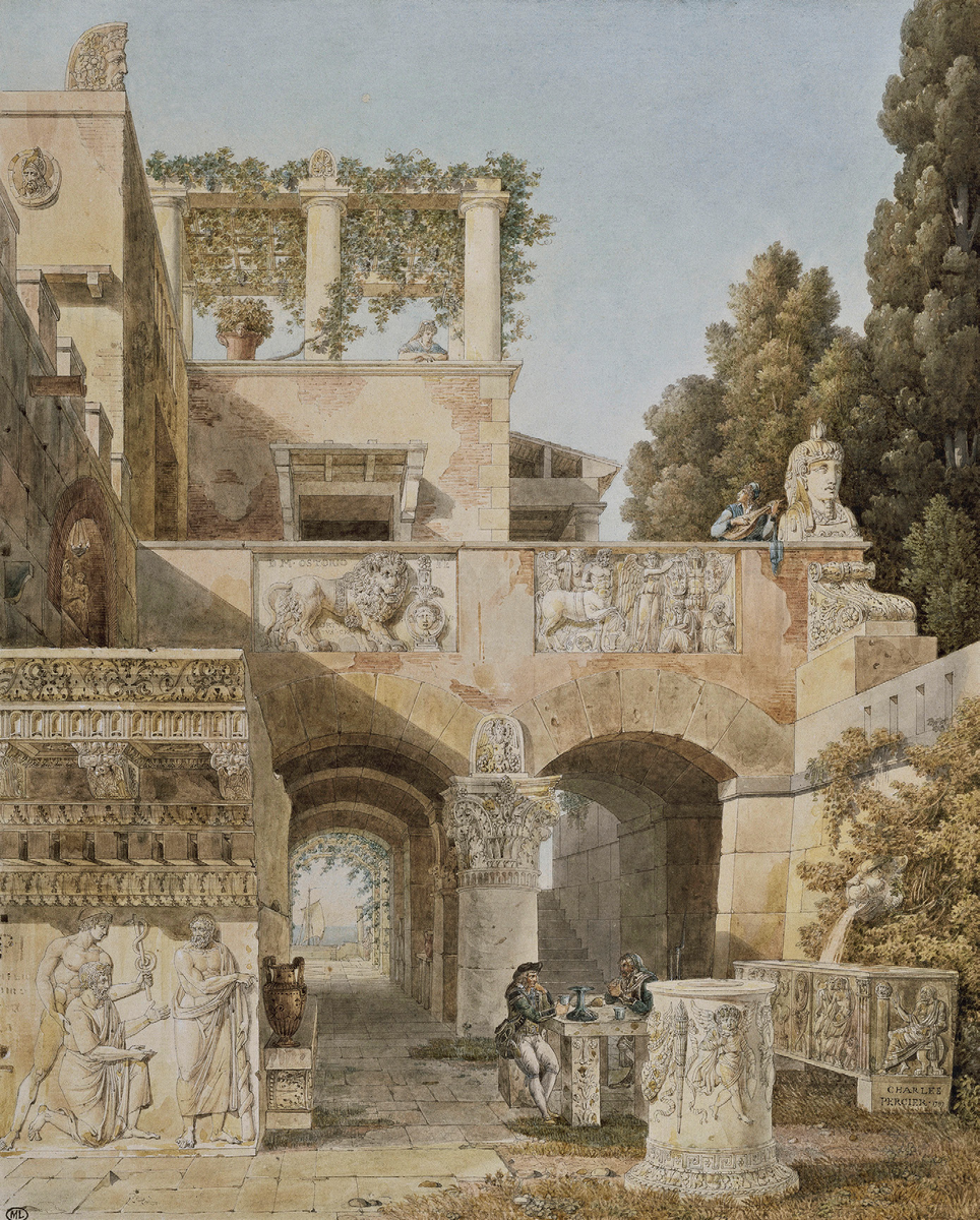 Древние руины
В своих ранних поездках в Рим Шарль Персье, будущий главный архитектор Наполеона I, создал множество акварельных зарисовок. На них запечатлены руины дворцов, вилл и памятников как в самом городе, так и, что особенно важно, в его окрестностях. Многие из этих изображений относились к античным постройкам. Использование цвета придавало этим работам большую живость и выразительность по сравнению с чисто линейными рисунками, позволяя Персье демонстрировать разнообразные объемные эффекты.
Чарльз Персье, «Вид римского дома», рисунок акварелью, 1797. Париж, Музей Лувра, Кабинет десенов, инв. XII, В 928.